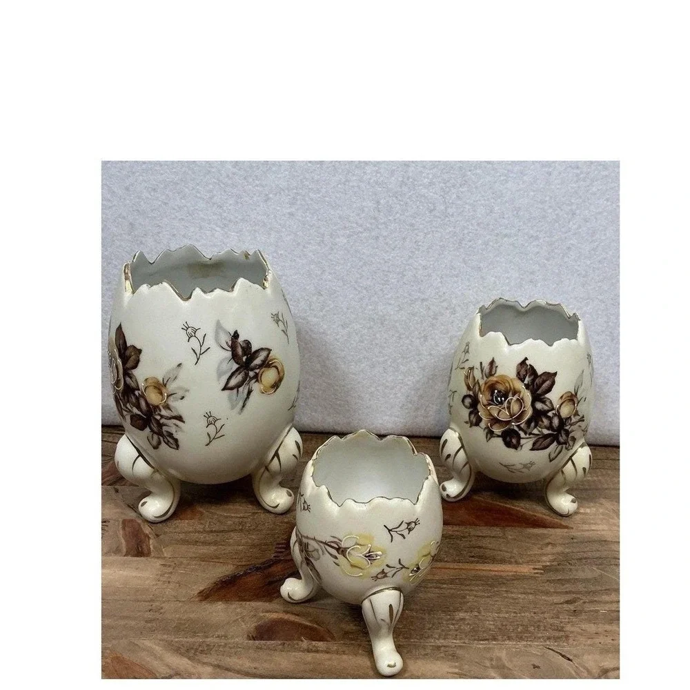 Vintage Napcoware Set of 3 Floral Egg Footed Vases C3199 Gold Trim Cracked Shell